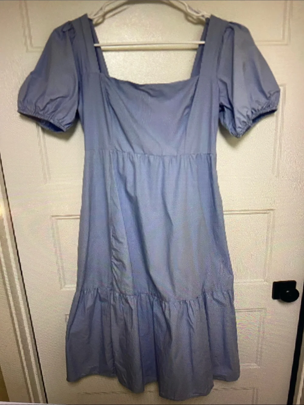 Astr The Label Poplin Puff Sleeve Tiered Midi Dress In Blue Medium